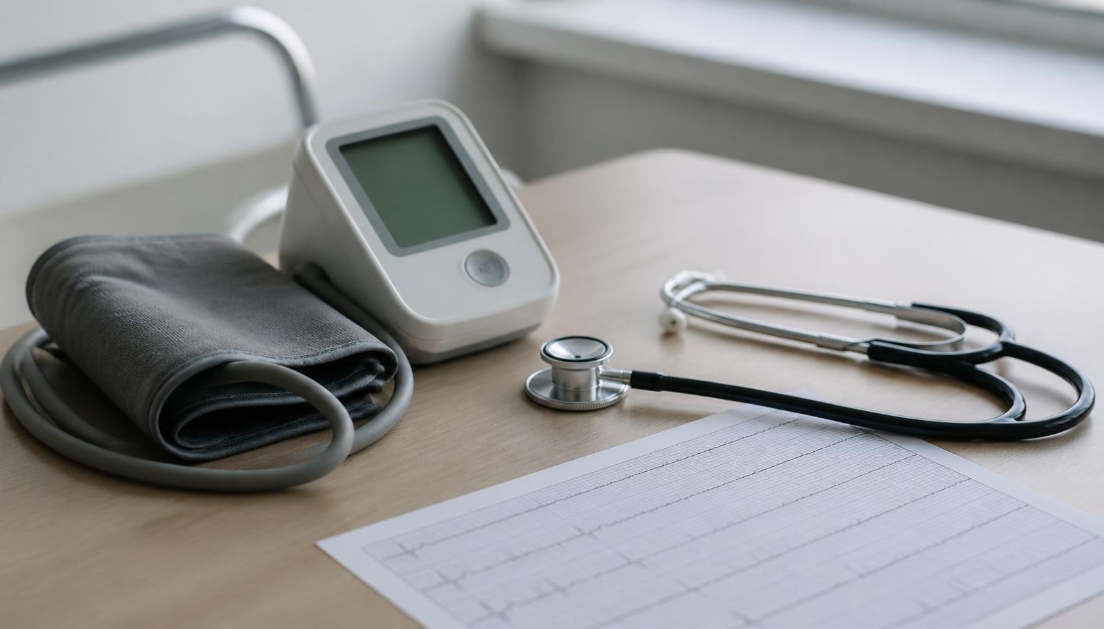 Vererõhuaparaat, stetoskoop ja EKG-lint — südame ja veresoonte riski hindamise tavavahendid.